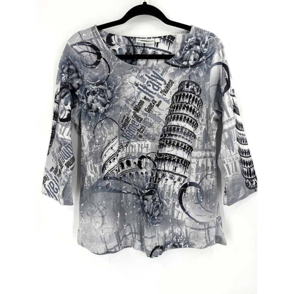 Lulu-B Italy Top Womens L Gray‎ Sequin Colosseum Pisa Y2K Travel Tourist
